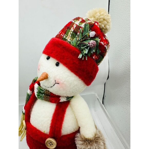 Christmas Snowman Plush Shelf Sitter Red Plaid Hat Beaded Legs Holiday Decor - Picture 8 of 10